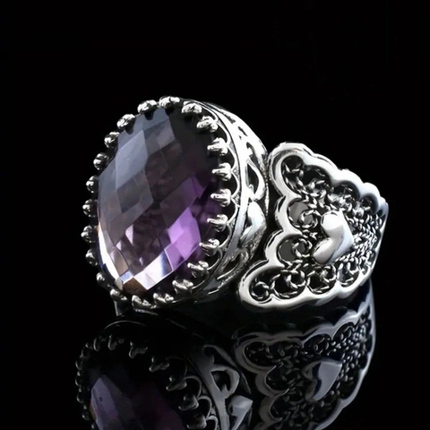 Bague Vintage Baroque En Cuivre Femme Grande Pierre Violette En Verre Ovale Filigrane Coeur Couleur Argent Antique Style