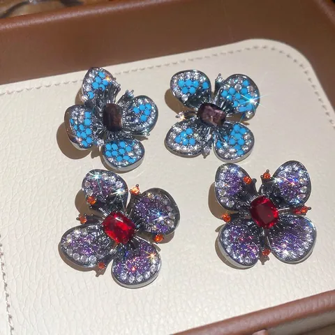 Orecchini A Lobo Farfalla Fiore Zircone Multicolore Gioielli Rame Stile Retrò Lusso Per Donne Con Silver Earring Post