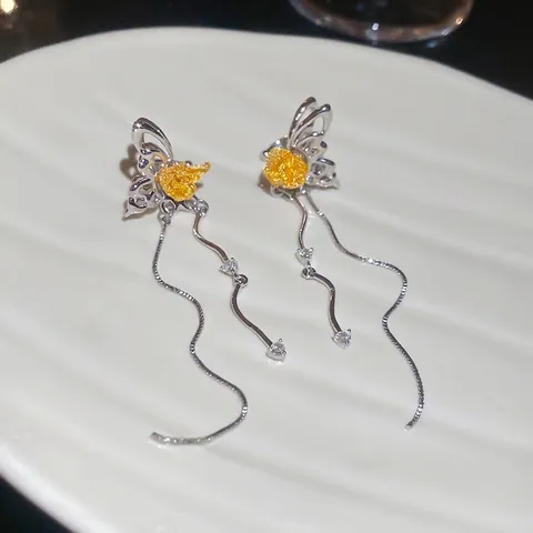 Butterfly Tassel Ear Bone Clip Copper Zircon Hollow Long Asymmetric Two Tone Earring No Piercing Elegant Women