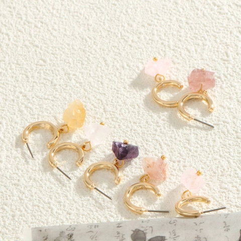 Elegant Gold Plated Alloy Natural Stone Hoop Earrings For Women Geometric Irregular Irregular Color Stone Pendant Drop Earrings Jewelry Gift