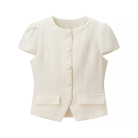 Top E Gonna In Tweed Da Donna Elegante Francese Camicetta A Maniche Corte Girocollo E Minigonna Pieghettata Bianco Crema