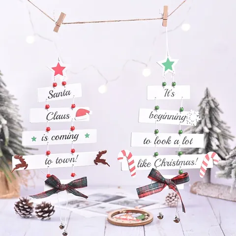 Decorazione Da Appendere In Legno A Forma Di Albero Di Natale Con Fiocco Scozzese E Campanellini In Metallo Per Parete Casa