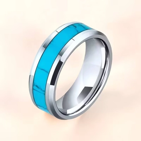 Men Stainless Steel Turquoise Shell Inlay Polished Band Ring European Fashion Commute Finger Jewelry Accessory For Gift