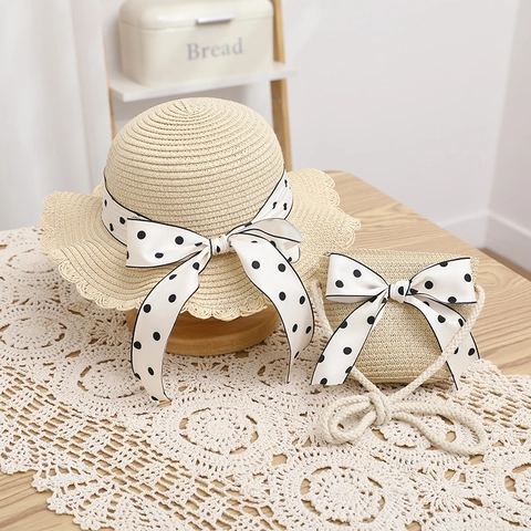 Kids Girls Straw Sun Hat And Matching Bag Summer Beach Sunshade Breathable Polka Dot Bow Scalloped Edge Princess