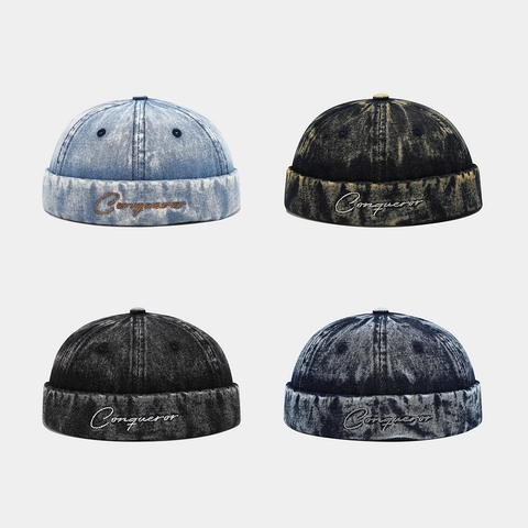 Brimless Docker Cap Retro Washed Denim Cotton Adjustable Miki Hat Embroidery Streetwear Hip Hop For Men Women