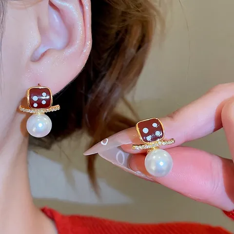 Vintage Red Enamel Dice Artificial Pearl Drop Earrings With 18K Gold Plated Copper And 925 Sterling Silver Earring Post For Women