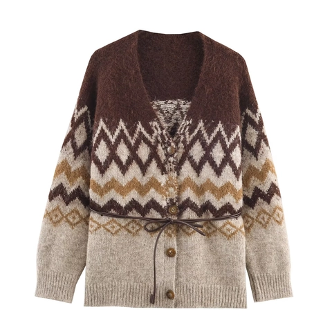 Cardigan In Maglia Con Motivo Geometrico E Gonna Midi Con Cintura Completo Invernale Retrò Con Scollo A V