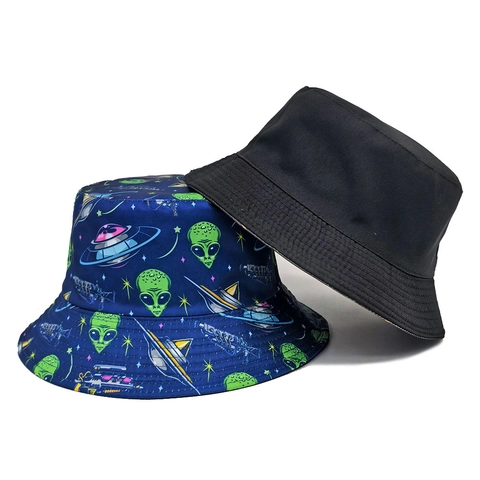 Reversible Bucket Hat Alien UFO Printed Polyester Sun Hat Foldable Breathable Fisherman Cap Unisex Outdoor