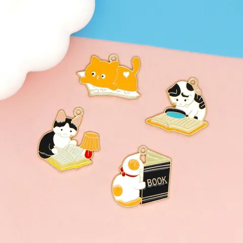 Cat Reading Book Charms Enamel Zinc Alloy For DIY Jewelry Making Keychain Pendant Cute Animal Cartoon Ornament