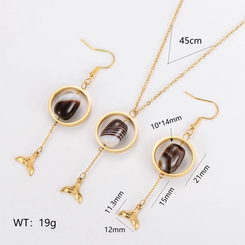 Collana E Orecchini Acciaio Inossidabile 304 Placcato Oro 18K Retro Pietra Agata Pendente Coda Di Balena Per Donne