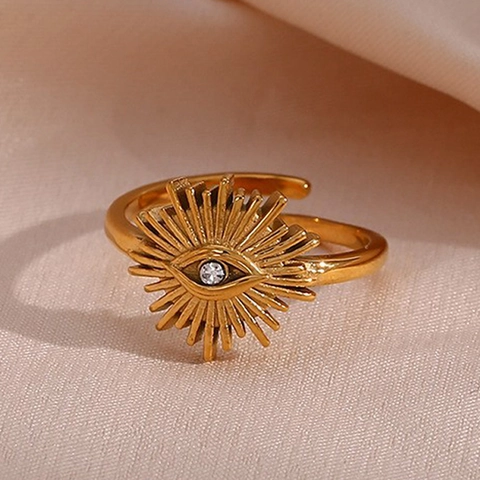 Boze Oog Open Verstelbare Ring 18K Verguld Roestvrij Staal Zirkonia Zonnestraal Boheemse Vintage Stijl Voor Vrouwen