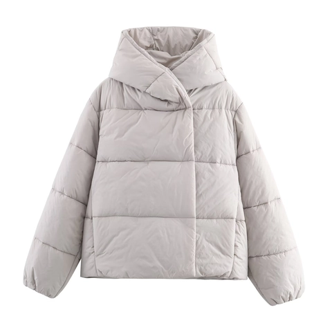 Damen Kapuzen Steppjacke Wasserdicht Dick Polyester Wattiert Mantel Lässige Streetwear Oberbekleidung Hellgrau Reißverschluss