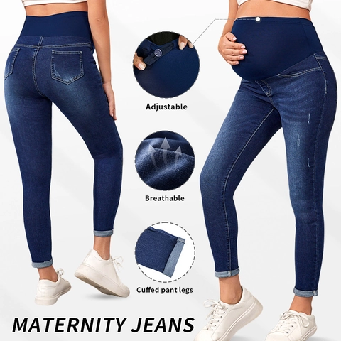 Umstandsjeans Hohe Taille Verstellbare Bauchstütze Skinny Denim Zerrissen Dehnbare Lange Hose Für Schwangere Frauen