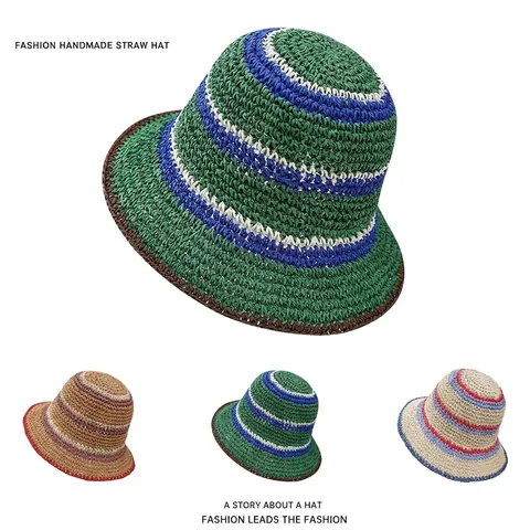 Cappello Alla Pescatora In Paglia Di Carta Fatto A Mano Da Donna A Righe Protezione Solare Pieghevole Traspirante Spiaggia