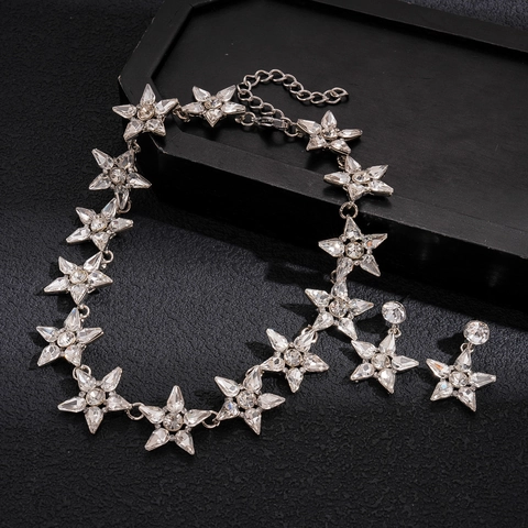 Star Necklace And Earrings Jewelry Alloy Rhinestone Silver Color Choker For Women Fashion Delicate Elegant