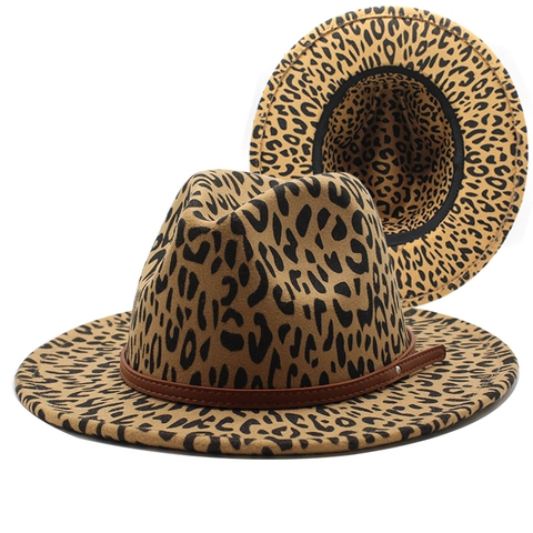 Leopard Print Fedora Hat Wool Felt Wide Flat Brim Vintage Jazz Style Belt Buckle Unisex Women Men Travel Accessory