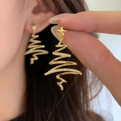 Christmas Tree Stud Earrings Copper Zircon Star Real Gold Plated For Women Holiday Party With Silver Earring Post