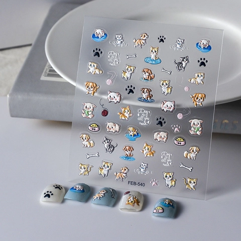Autocollants Ongles 5D Relief Dessin Animé Chat Chien Panda Motif Animal Auto-Adhésif Imperméable Décor Manucure