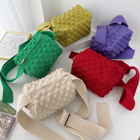 Women Bubble Textured Crossbody Bag Polyester Knitted Wide Adjustable Strap Street Style Casual Candy Color Shoulder Bag