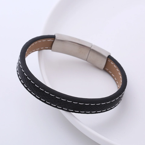 Bracelet En Cuir Pour Homme Avec Fermoir En Acier Inoxydable 316L Bracelet Tressé En PU Noir Couture Blanche