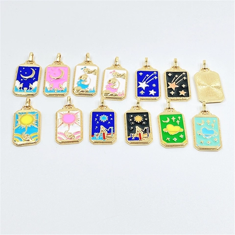 Tarot Card Pendant Necklace Copper 18K Gold Plated Enamel Dripping Oil Bohemian Astrology Jewelry Unisex