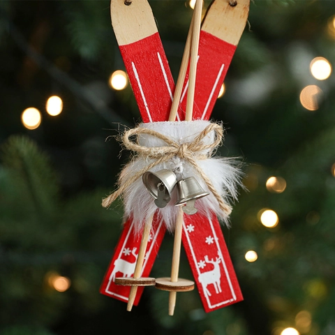 Christmas Sled Skiing Board Hanging Ornaments Wooden Faux Fur Metal Bell Star Reindeer Snowflake Print Holiday Party Decor