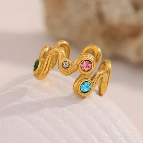 Welle Bunter Zirkon Ring 18K Vergoldet Edelstahl Geometrischer INS Stil Schmuck Für Frauen Mode Finger Accessoire