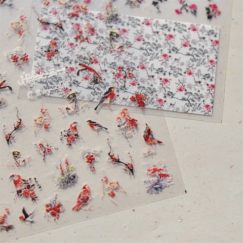 Chinese Style Nail Art Stickers 3D Embossed Peony Flower Bird Design Self Adhesive Decals For Manicure Decoration