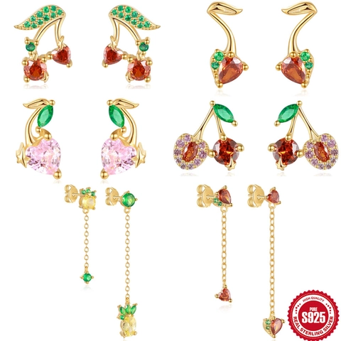 925 Sterling Silver Fruit Stud Earrings Zirconia Pineapple Cherry Heart Gold Plated Dainty Jewelry For Women Daily Gift