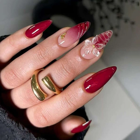 Rose Red White Gradient Press On Nails With Three Dimensional Embossed Flowers Gold Beads Long Almond Shape Elegant Ins Style