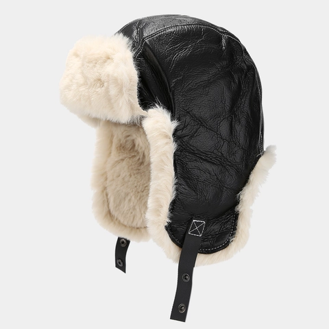 Gorro De Trampero De Invierno Cuero PU Forro De Piel Sintética Orejeras Cálidas Gorro De Aviador A Prueba De Viento Para Esquiar