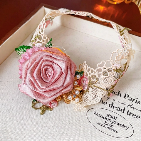 Floral Lace Choker Necklace Pink Rose Ribbon Artificial Pearl Rhinestone Butterfly Sweet Romantic French Style Jewelry For Women