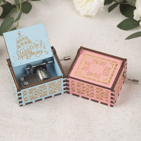 Wooden Hand Crank Musical Box Laser Engraved Happy Birthday Retro Mechanical Wood Metal Musical Gift For Friends Kids