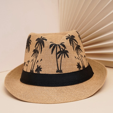 Men Summer Straw Fedora Hat With Coconut Tree Embroidery Black Ribbon Wide Brim Sun Protection Beach Vacation Jazz Hat