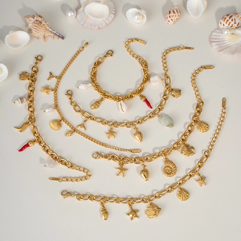 Oceaan Thema Charm Armband Roestvrij Staal Verguld Schelp Zeester Vis Hanger Zomer Strand Vakantie Sieraden Dames