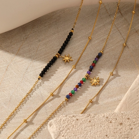 18K Gold Plated Stainless Steel Double Layer Necklace For Women With Octagram Star Pendant And Colored Rhinestone Beads Beaded Layering Jewelry