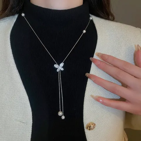 Collana Di Künstliche Perle Farfalla Rame Zircone Forma A Y Nappa Lunga Elegante Stile Coreano Gioielli Di Moda Per Donna Tono Argento