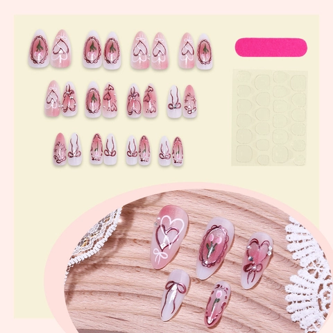 Unghie Finte Press On Forma Mandorla Sfumatura Rosa Bianco Fiocco Cuore Tulipano Perla Artificial Manicure Elegante Donna