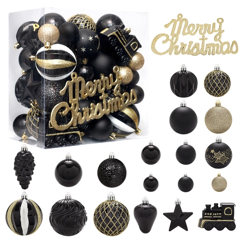 Kerstboomversieringen Hangende Decoraties Zwart Goud Plastic Glitter Mat Glanzend Sterren Trein Voor Vakantie Feest Huisdecoratie