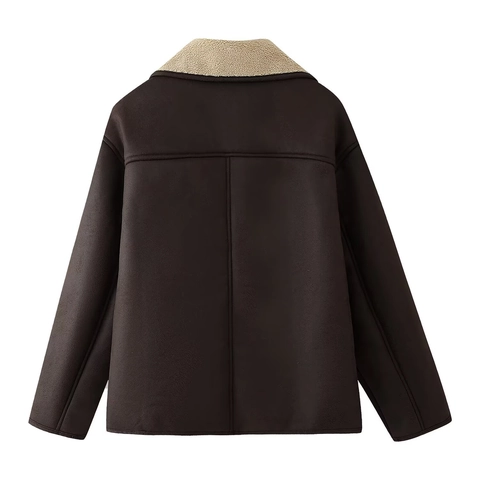 Chaqueta De Gamuza Sintética Sherpa Para Mujer Cuello De Solapa Corte Holgado Abrigo Botonadura Sencilla Bolsillos Grandes Ropa De Invierno Marrón
