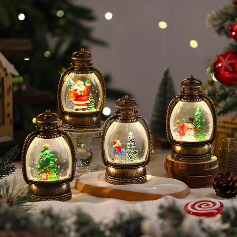 Lanterne Di Natale Retrò Palla Di Neve Con Luce LED Finitura Bronzo PVC Resina Babbo Natale Pupazzo Di Neve Decoro