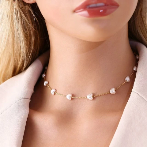 Elegante Collar de Perlas Artificiales en Forma de Corazón de Acero Inoxidable 304 Joyería de Cadena Chapada en Oro para Mujer