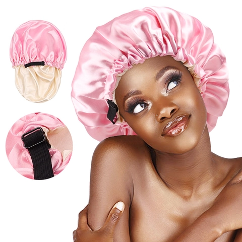 Double Layer Satin Bonnet Sleep Cap For Women Reversible Hair Protection With Adjustable Elastic Band Solid Color