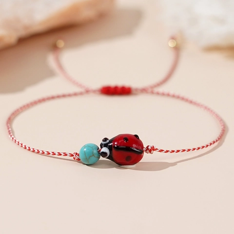 Ladybug Turquoise Bead Bracelet Handmade Red White Cotton Rope Adjustable Braided Cord Copper Jewelry Gift For Women Girls Cute Animal Accessory