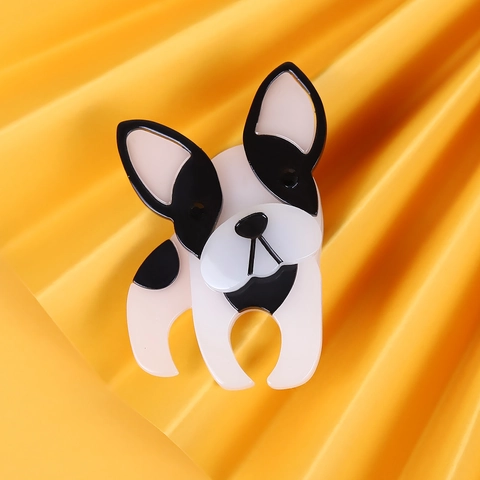 Handgemaakte Acryl Cartoon Franse Bulldog Brosje Voor Dames Heren Dier Reversspeld Zwart Wit Hond Badge Kleding Tas Accessoires Sieraden