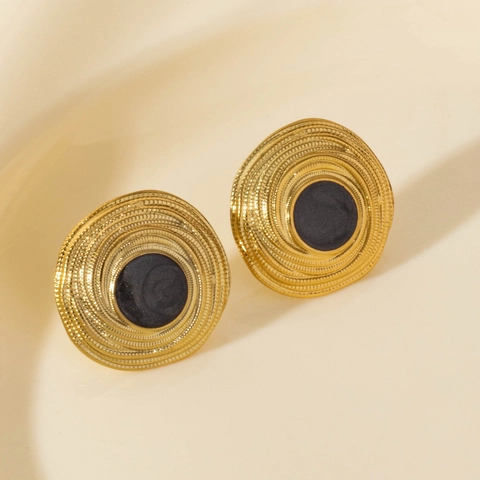 Orecchini A Lobo Tondi Geometrici Retrò Acciaio Inossidabile Centro Smalto Texture Spirale Accessorio Elegante Donne