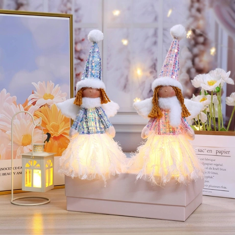 Weihnachtsengel Puppe Ornamente LED Leuchtend Pailletten Polyester Stoff Desktop Urlaub Deko Süße Flügel Figuren
