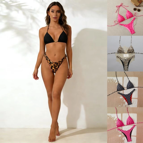 Set Bikini Due Pezzi Costume Da Bagno Triangolo Allacciato Al Collo Taglio Alto Leopardo Pois Con Fibbia In Metallo