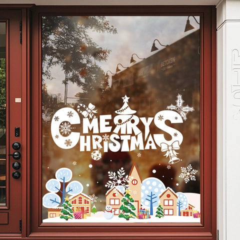Christmas Window Stickers Static Cling Merry Christmas PVC Snowman House Snowflakes Double Sided Glass Decor