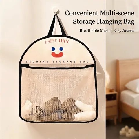 Hanging Storage Bag Mesh Net Breathable Underwear Socks Bedding Organizer For Closet Wall Door Smiley Face Polyester